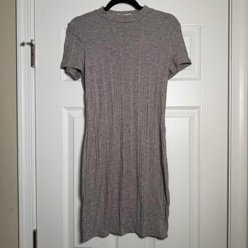 Gray Ribbed Short Sleeve Bodycon Mini Dress Fall Summer Spring